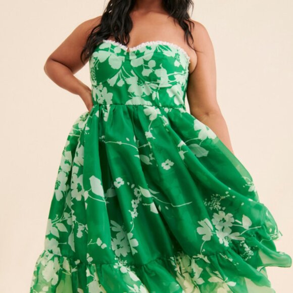 Anthropologie Selkie Floral Corset Dress Puff Hem Green Tea Party (Size XL) - Picture 3 of 7